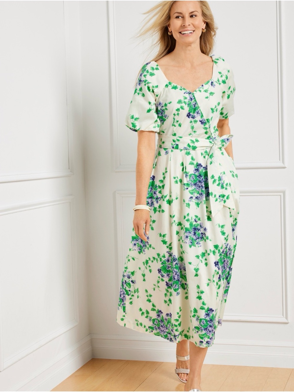 NEW Talbots Puff Sleeve Fit & Flare Ivy Bouquets Dress 6